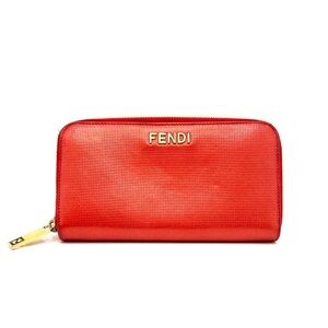 Authentic FENDI Logo Red Leather Long Zip Around Wallet Gold Tone FF Hardware